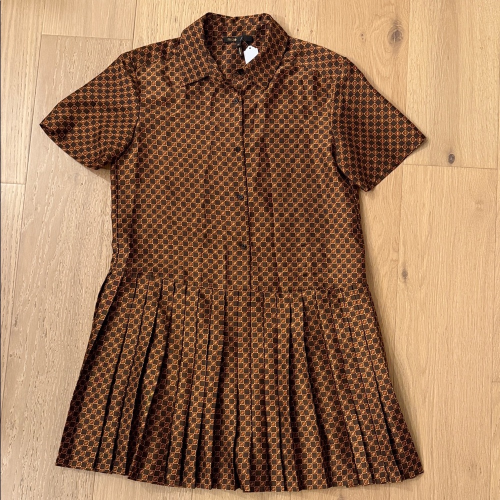 Maje Brown Geometric Short-Sleeve Pleated Dress